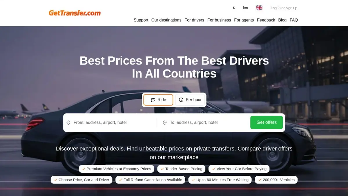 Интерфейс бронирования поездки и получения предложений на GetTransfer